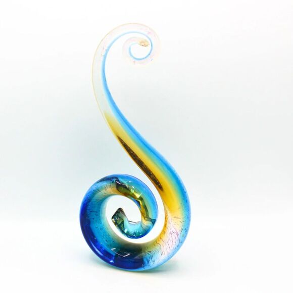 Vintage Murano Style Art Glass Sculpture Blue Amber Abstract Swirl Wave Design - Picture 2 of 8